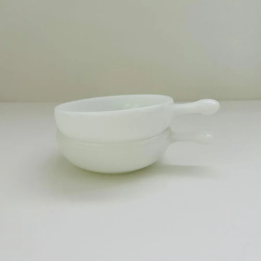 GLASSBAKE White Milk Glass Soup Bowl With Handle, Set of 2